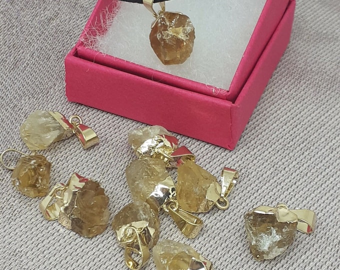 Citrine- Heat Treated-Gold Plated-Rough Pendant- Black Cord -Gift-Yourself- Friends-Family-Loved One-Gift Box