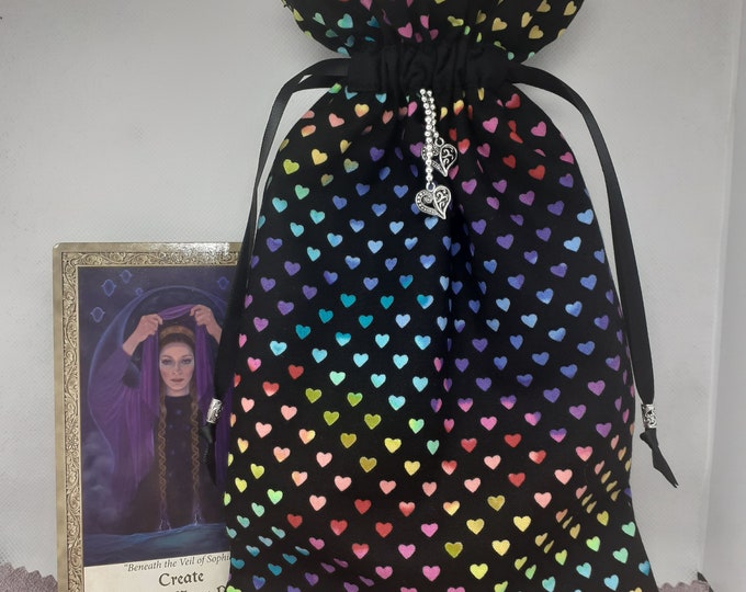 Deluxe Tarot - oracle cards EXTRA LARGE-pouch Bag, lined pouch, handmade -HEARTS- Charm-Tibetan Silver Beads- New Design