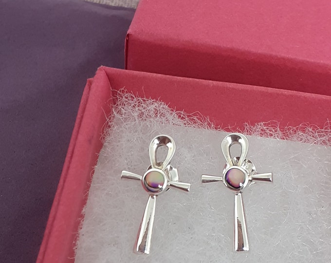 Abalone Shell Ankh Stud Sterling 925 Silver Stud Earrings  "Goddess Collection" Lovely Gift Yourself Friends Family-Loved One