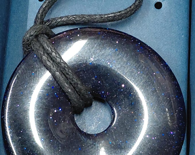 Blue Goldstone- Donut -40 mm- Black Cotton Wax Cord Pendant