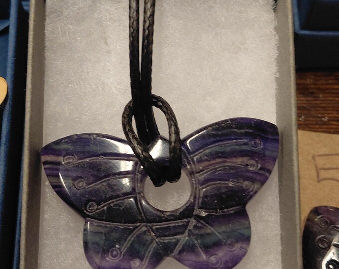 Fluorite Butterfly Pendant: Black Cord Necklace, Gift Box