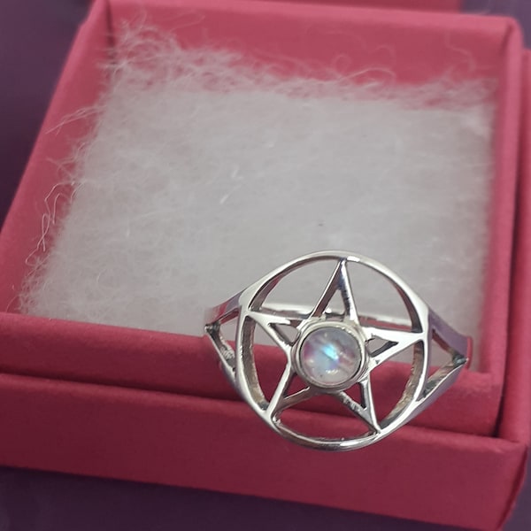 Rainbow Moonstone Pentacle Ring -Sterling Silver 925- Pentacle Ring-The "Goddess Collection" Multiple Sizes Available- US -UK