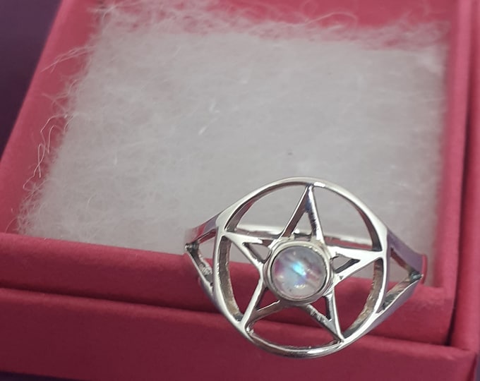 Rainbow Moonstone Pentacle Ring -Sterling Silver 925- Pentacle Ring-The "Goddess Collection" Multiple Sizes Available- US -UK