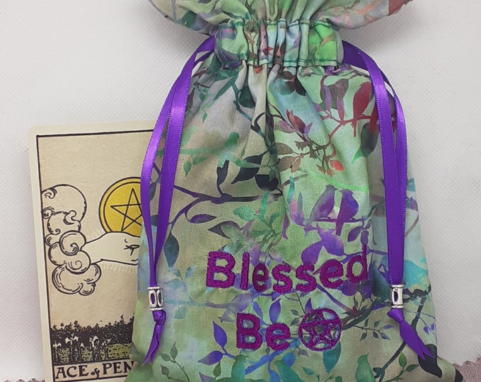 Deluxe Tarot cards pouch Bag, lined pouch, handmade -Embroidery- Blessed Be-Tibetan Silver Beads- New Design