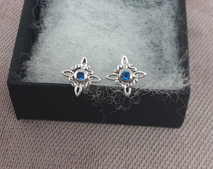 Blue Sapphire CZ Witches Knot Stud Sterling 925 Silver Stud Earrings  "Goddess Collection" Lovely Gift Yourself Friends Family-Loved One