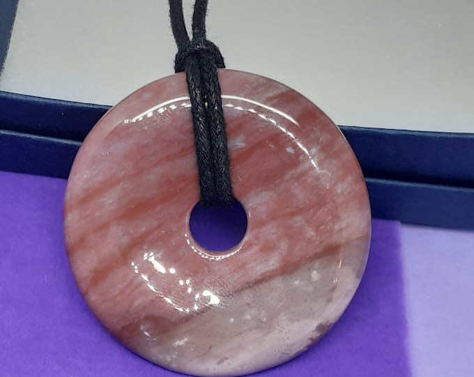 Chalcedony Brown-Red- Donut -50 mm-  Black Cord- NEW- Gift Box