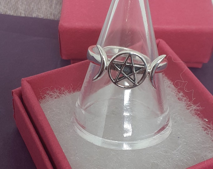 Ring Sterling Silver 925 - Triple Moon- Pentagram - New "Goddess Collection"- Multiple Sizes Available- Gift Box