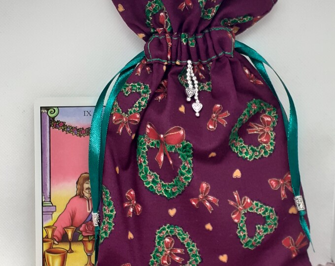 Deluxe Tarot cards pouch XMAS Bag, lined pouch, handmade Heart-Charm- Beads- New Design