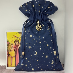 Deluxe Tarot - Orakel- Kartenbeutel Tasche, gefütterter Beutel, handgefertigter Mond- Sterne- Pentakel-Charm-Perlen- Neues Design