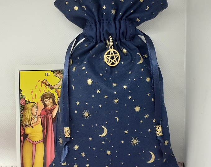 Deluxe Tarot - Oracle- cards pouch Bag, lined pouch, handmade -Moon- Stars- Pentacle Charm- Beads- New Design