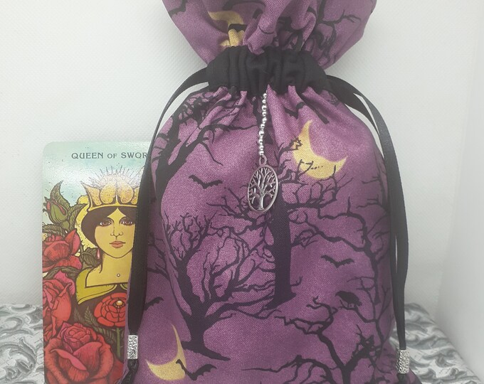 Deluxe Tarot cards pouch Bag, lined pouch, handmade -Tree-Moon-Bat- Charm-Tibetan Silver Beads- New Design