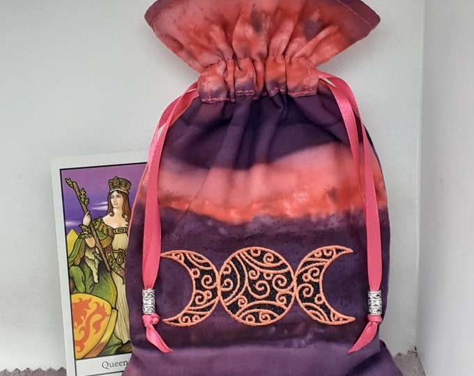 Deluxe Tarot cards pouch Bag, lined pouch, handmade -Embroidery- Triple Moon -Tibetan Silver Beads- New Design