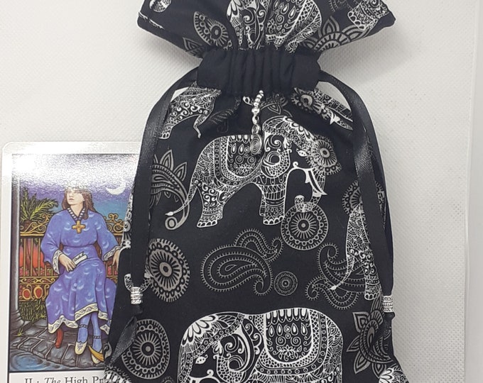Deluxe Tarot cards pouch Bag, lined pouch, handmade -Elephant- Charm-Tibetan Silver Beads- New Design