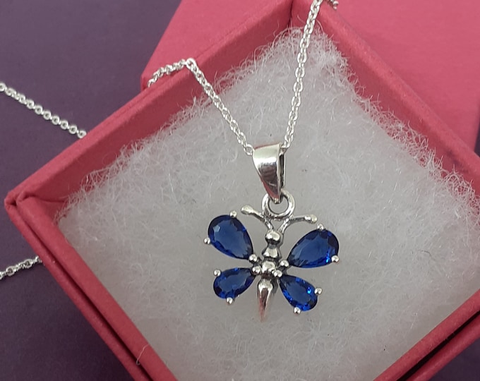 Butterfly Pendant -Sterling Silver 925 - The "Goddess Collection" Faceted Blue Sapphire CZ- 15 mm Gift- Yourself- Friends- Family- Loved One