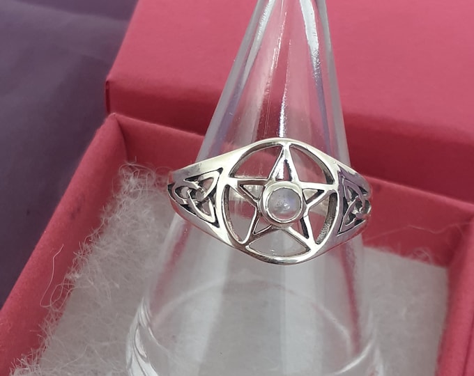 Rainbow Moonstone -Ring Sterling Silver 925 - Celtic Trinity Knot- Pentacle - New "Goddess Collection"- Multiple Sizes -NEW