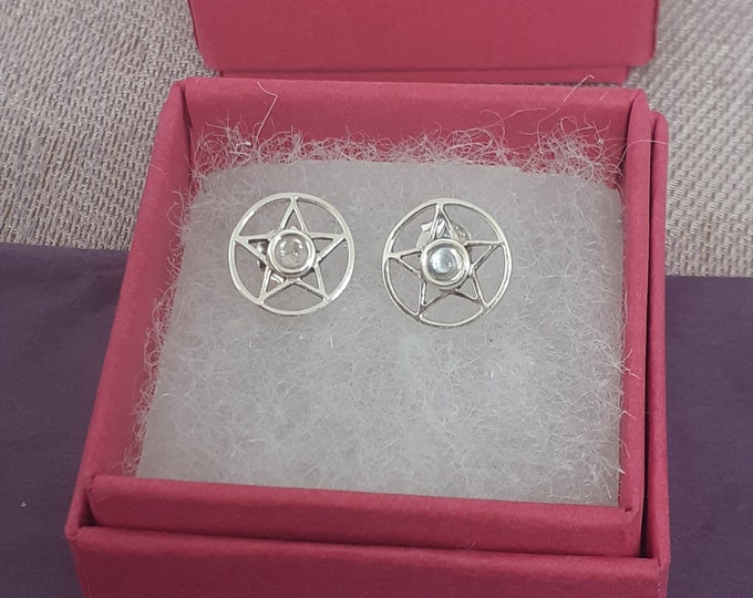 Rainbow Moonstone Earrings Sterling Silver 925 Stud Earrings The "Goddess Collection" Pentagram 10 mm-Gift Box