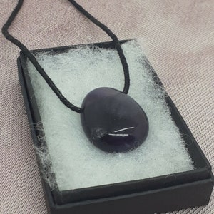 May include: A black cord necklace with a dark purple, smooth, oval-shaped pendant.