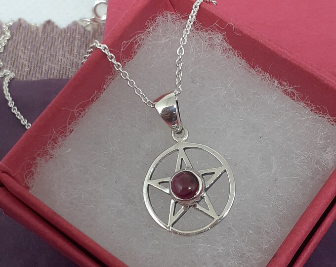 Garnet -Pendant Sterling Silver 925 Small Pendant Pentagram "Goddess Collection"  14 mm- Gift Box