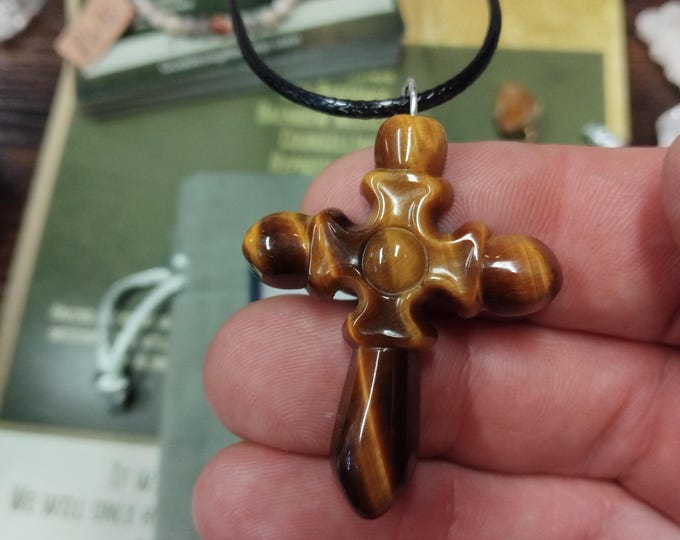 Tigers Eye- Cross- Pendant- Black Cord- Gift Box- Gift-Yourself- Friends-Family-Loved One-Gift Box
