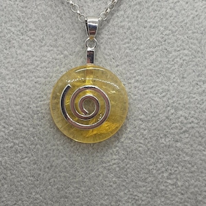 Yellow Fluorite Donut Pendant: Silver Spiral, Black Cord Necklace