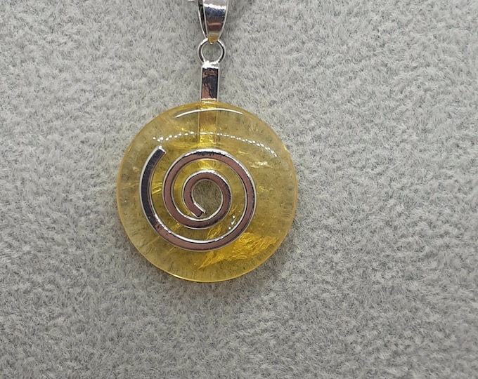 Yellow Fluorite Donut -25 mm-Silver Plated Spiral Holder- Black Cord-Gift for Yourself- Friend-Loved One-Gift Box