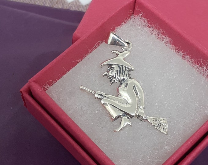 Witch on Broomstick Pendant Sterling Silver 925 - "Goddess Collection"- 25 mm- Lovely Gift- Yourself- Friends- Family-Loved One