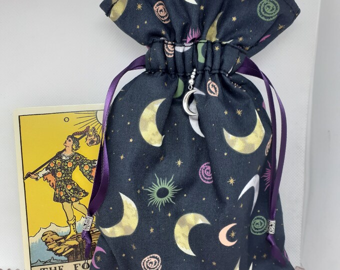 Deluxe Tarot cards pouch Bag, lined pouch, handmade -Moon Charm-Tibetan Silver Beads- New Design