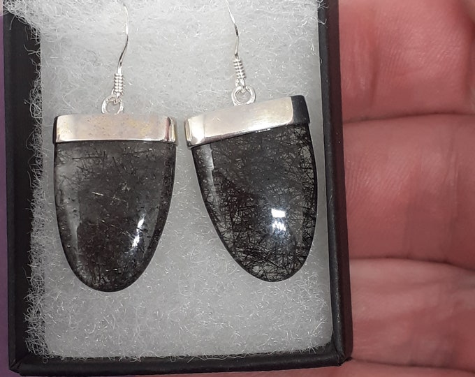 Black Tourmaline Quartz- Drop-Dangle-Earrings -Handmade-Silver 925 Hooks-Gift Box