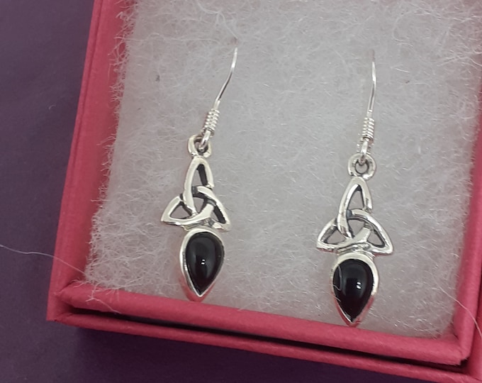 Black Obsidian- Earrings- Sterling Silver 925 Pendant Small Celtic Trinity Knot "Goddess Collection" -Gift Box