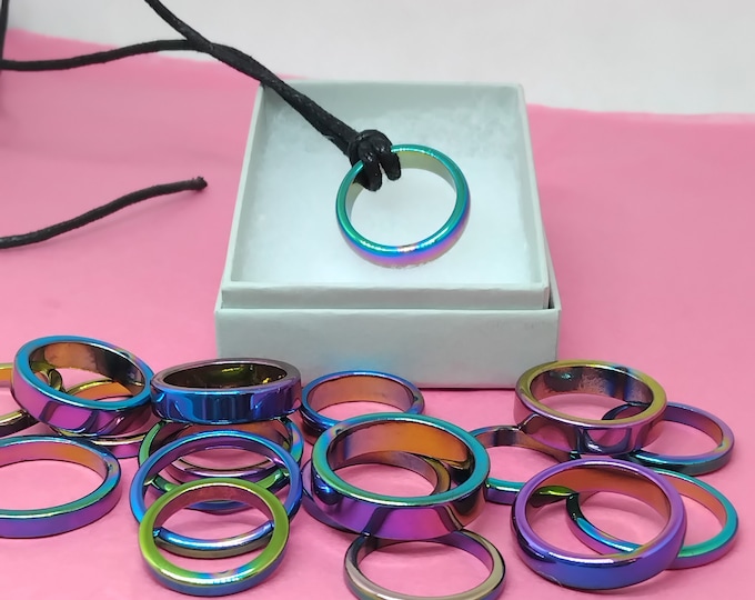 Rainbow Hematite Ring Necklace Black Cord  -Protection-Gift for Yourself- Friend-Loved One-Gift Box