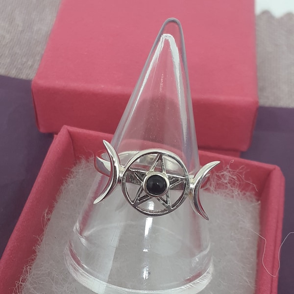 Ring Sterling Silver 925 - Black Obsidian Triple Moon- Pentagram - New "Goddess Collection"- Multiple Sizes Available- Gift Box