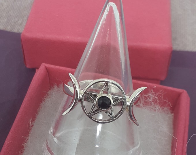Ring Sterling Silver 925 - Black Obsidian Triple Moon- Pentagram - New "Goddess Collection"- Multiple Sizes Available- Gift Box