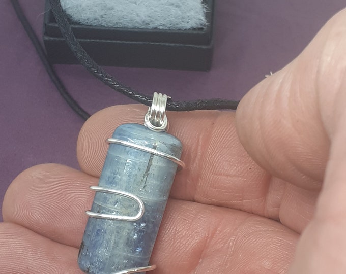 Kyanite- Silver Plated Wire Pendant- Black Cord- 40 mm-Gift-Yourself- Friends-Family-Loved One-Gift Box