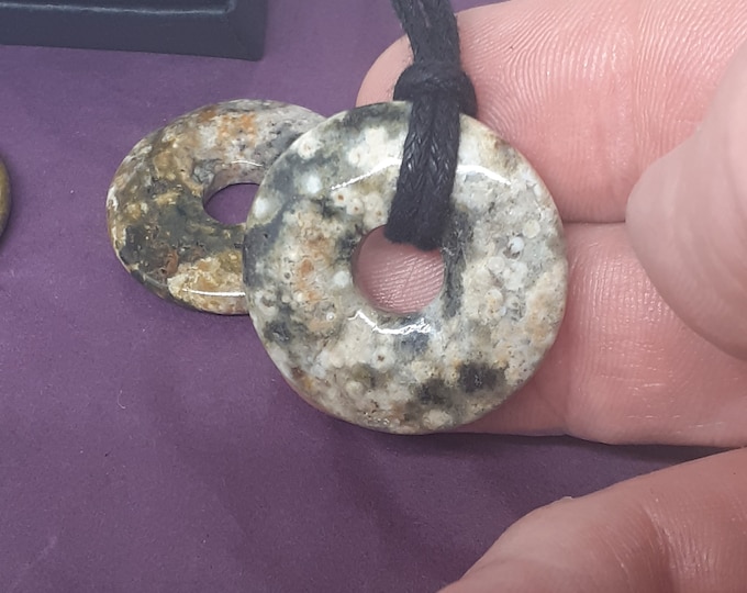 Ocean Jasper-Donut-  30 mm -Black Cord-Creativity-stone of prosperity- NEW- Gift Box