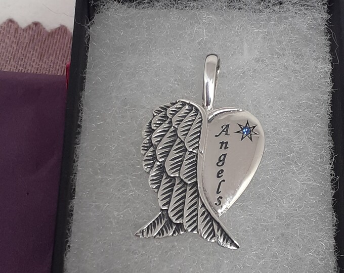 Blue Topaz CZ  "Angels "- Wings -Pendant Sterling Silver 925  "Goddess Collection"- Lovely Gift- Yourself- Friends Family Loved One