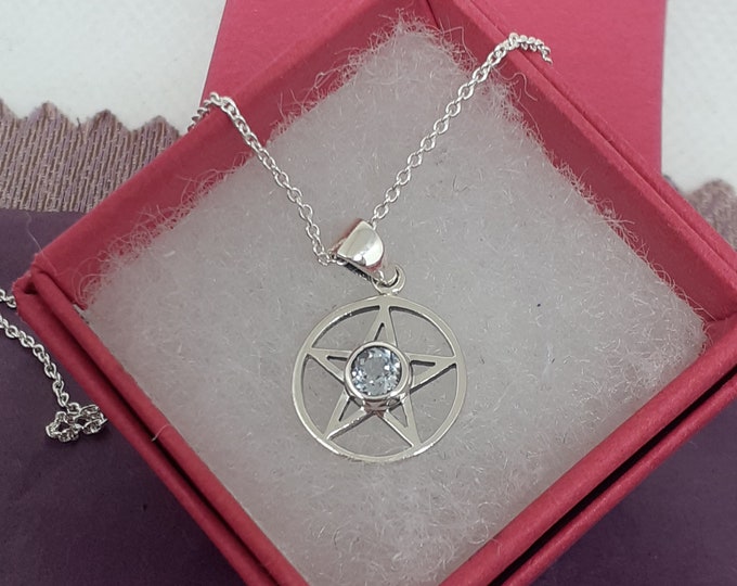 Blue Topaz- Faceted -Pendant Sterling Silver 925 Small Pendant Pentagram "Goddess Collection"  14 mm- Gift Box