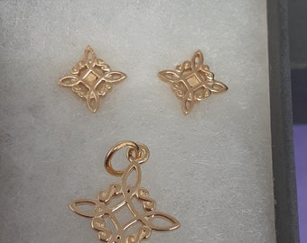 Gold Plated Witches Knot Stud Earrings: Sterling Silver Charm