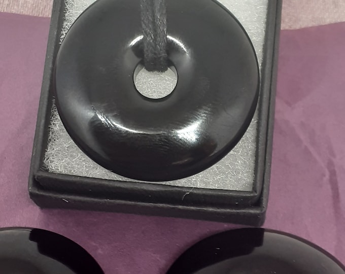 Black Obsidian-Donut-  40 mm -Black Cord-Creativity-stone of prosperity- NEW- Gift Box