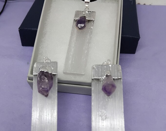 Selenite and amethyst silver plated pendant- Black Cord- Gift Box- Gift Yourself- Friend- Family -Loved One