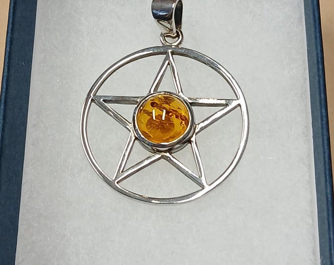 Pendant -Sterling Silver 925 Pendant Pentagram 25 mm -The "Goddess Collection" Amber- Psychic ability