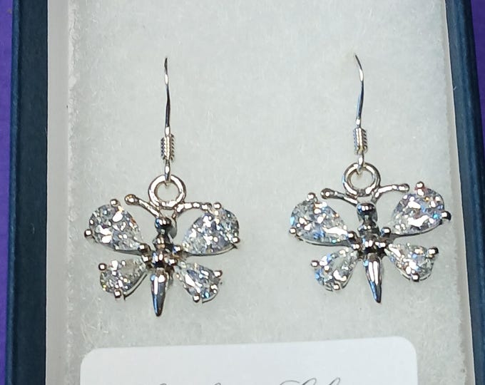 Butterfly-Earrings -Sterling Silver 925 - The "Goddess Collection" -Faceted Clear CZ- 15 mm Gift- Yourself- Friends- Family- Loved One