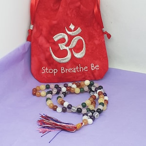 Mala - Mixed Gemstone -Gebetskette Beutel Tasche, Stop-Breathe-Be - gefütterte Tasche, Stickerei Buddha - handgefertigt - neues Design