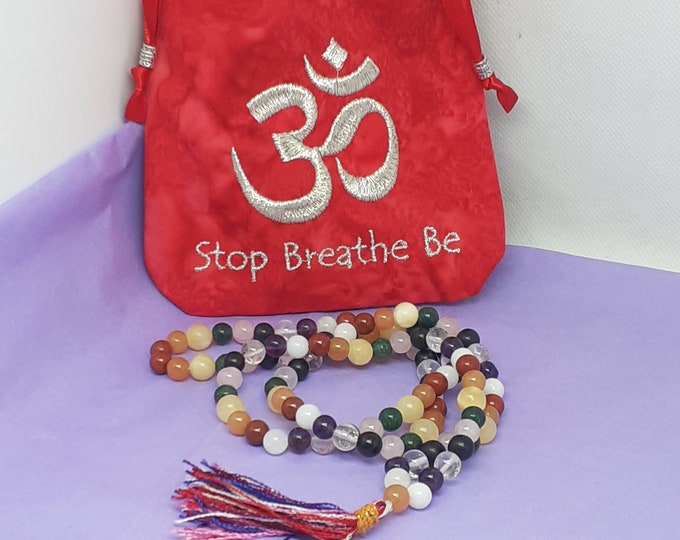 Mala- Mixed Gemstone -Prayer Beads pouch Bag, Stop-Breathe-Be-lined pouch, Embroidery-Buddha- handmade- New Design