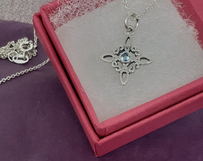Witches Knot -Charm-SMALL Pendant Sterling Silver 925 -Blue Topaz CZ Faceted New Goddess Collection- Gift Yourself Friends- Family-Loved One
