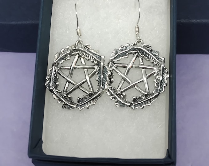 Earrings Sterling Silver 925 - Pentagram-Oak Leaf-New "Goddess Collection"- 23mm- Lovely Gift- Yourself- Friends- Family-Loved One
