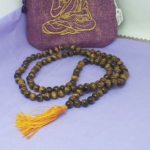 Mala - Tigerauge - Gebetsperlen Beutel Tasche, Buddha- gefüttertes Täschchen , Stickerei - Buddha - handgemacht - Neues Design