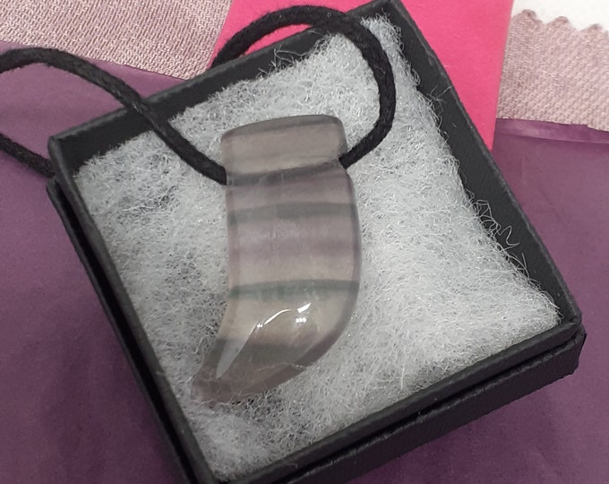 Fluorite - Claw 35 mm Pendant  Black Cord- Gift Box- Gift Yourself- Friend- Family -Loved One