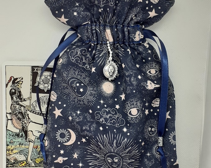 Deluxe Tarot cards pouch Bag, lined pouch, handmade -Blue-Sun-Moon - Stars-Charm-Tibetan Silver Beads- New Design