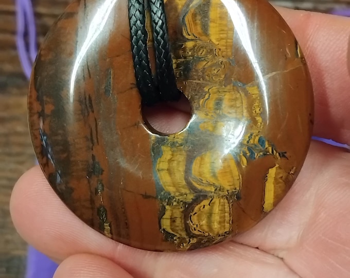 Golden Tigers Eye Donut -50 mm- Black Cotton Wax Cord -protection and strength-Good fortune-Romance