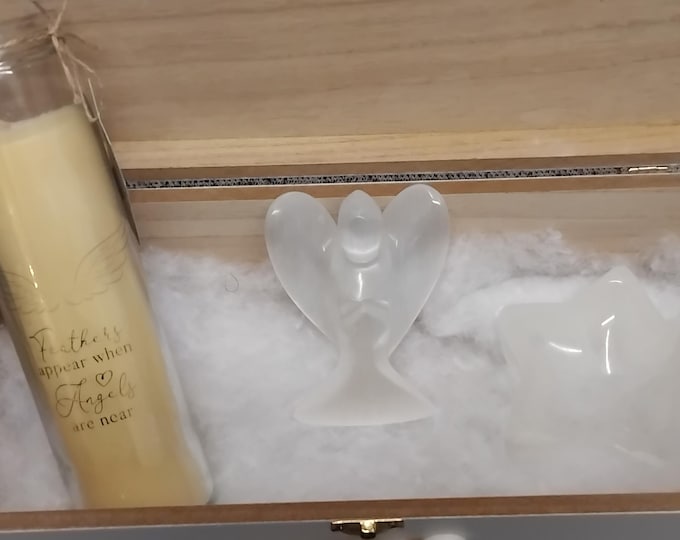 Angel Wing- Memory Box- Gift Set-Medium Selenite Angel- Selenite Bowl-Feathers Appear Candle-Gift-Yourself-Friends-Family-Loved One
